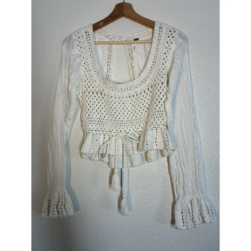 Free People Megan Crochet Top Womens Small White Cropped Bell Sleeve Boho Top